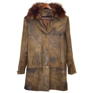 Womens Vintage Distressed Leather Car Coat Fur Collar Aviator Style Brown 44